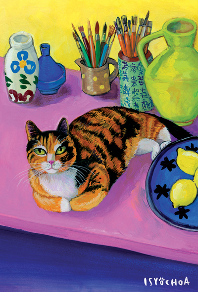Isy Ochoa - Large pink interior with Cocotte, tricolor cat